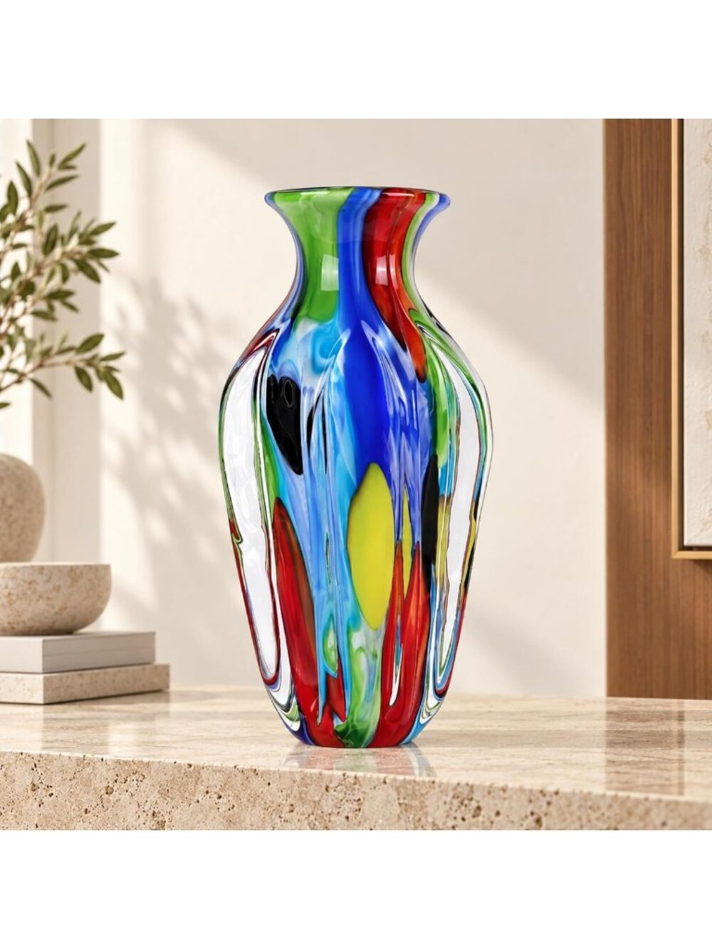 Multicolor Hand Blown Art Glass Vase - 14" Decorative Flower Holder for Home